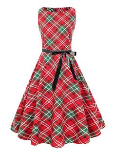 Red 1950s Christmas Plaid Sleeveless Dress – Retro Stage - Chic Vintage Dresses and Accessories Plaid Dress Vintage, Vintage Print Dress, Vestidos Retro, Chinese Princess, 1950s Christmas, Christmas Dress Women, Christmas Dresses, Hepburn Style, Elegant Party Dresses