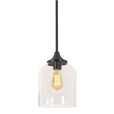 a small glass light fixture hanging from a black metal ceiling fixture with an orange light bulb