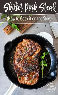 grilled pork steak in a cast iron skillet with parsley on the side