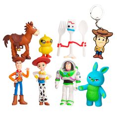 various toy figures are shown with forks and spoons