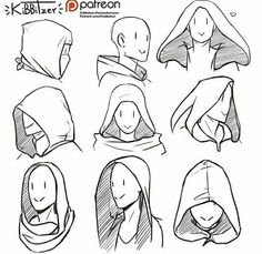 some sketches of people with hoods on