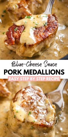 pork medallions with gravy and cheese sauce in a skillet that is ready to be eaten