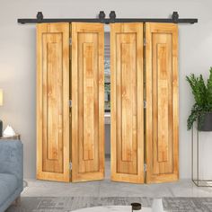 an open wooden door in a living room with blue couches and potted plants