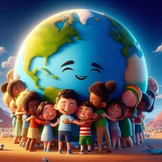 a group of children hugging each other in front of the earth