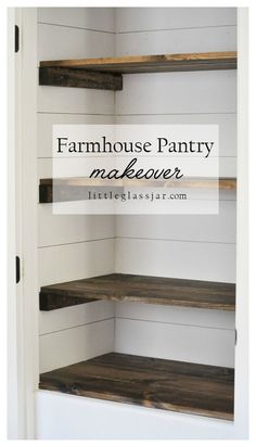 farmhouse pantry makeover with wood shelves and white paint