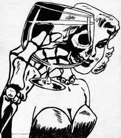 a black and white drawing of a skeleton with a hockey helmet on