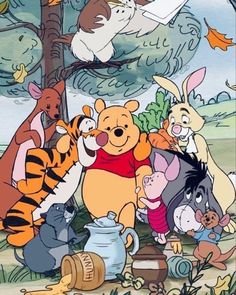 winnie the pooh is surrounded by other cartoon characters and their teapots in front of a tree