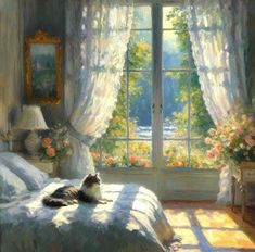 a painting of a cat laying on a bed in front of a window with curtains