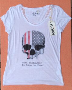 KOAN Skull Graphic T-Shirt Size L Yoga Top Short Sleeve White Gym USA Flag Tee  | eBay Short Sleeve White Blouse, Ladies Fitness, White Gym, Gym Tees, Halloween Top, Skull Tee, Skull Graphic, Yoga Top