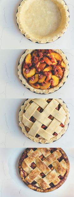 three pies with different toppings on top of each one, all lined up in the same row