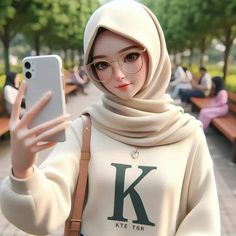 a woman wearing glasses and a hijab is holding a cell phone in her hand