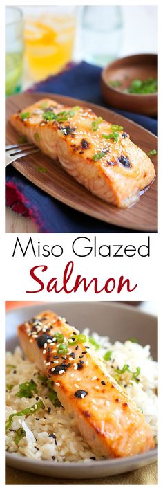 two pictures of salmon and rice with the words miso glazed salmon on it in red lettering