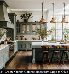 Green Kitchen Cabinet Ideas: View cabinets by shade including olive, forest, dark tones, light tones, sage, grey-green and blue-green. Interior Design Per La Casa, Green Kitchen Cabinets, Green Cabinets, Kitchen Farmhouse, Kitchen Inspiration Design, Modern Farmhouse Kitchens, Decoration Inspiration, Cottage Kitchen, Green Kitchen