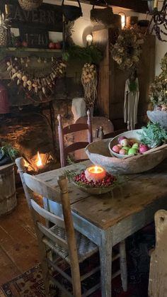 a rustic dining room with candles and decorations