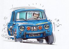 a drawing of a blue car driving down the road