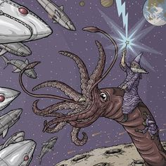 an octopus with a wizard hat riding on top of it's back in space