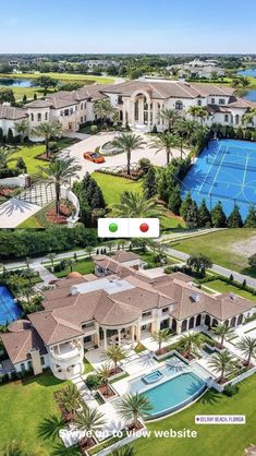 an aerial view of a mansion with tennis courts