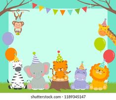 a birthday card with animals and balloons