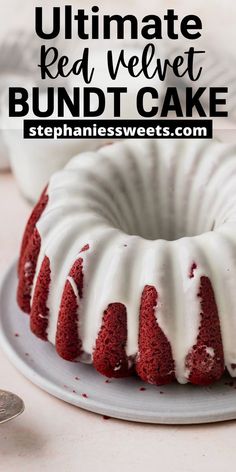 a red velvet bundt cake with white icing