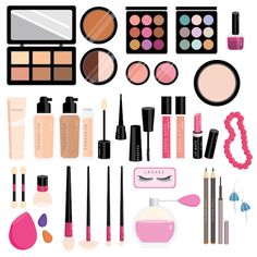 an assortment of cosmetics and makeup products on a white background, including lipstick, eyeliners, lip glosses, eyeshades