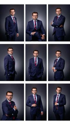 multiple shots of a man in a suit and tie posing for the camera with his arms crossed