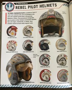 an open book showing different types of helmet designs and features on the inside of it