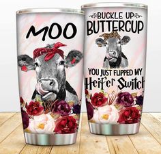 two stainless steel tumblers with the words moo and a cow wearing a bandana