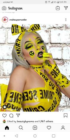 Caution Tape Makeup Look, Caution Tape Halloween Costume, Caution Makeup, Tape Makeup, Halloween Shoot, Scene Makeup, Science Camp, Caution Tape, Neon Makeup