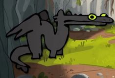 a cartoon alligator is in the middle of a forest with rocks and grass around it