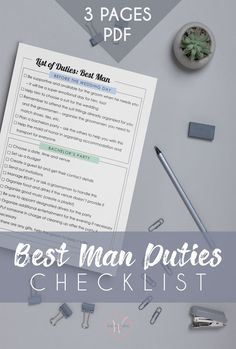 the best man duties checklist for 3 pages is shown with pen, paper clips and office supplies