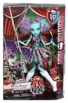 a toy doll with blue hair and makeup