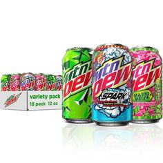 six cans of mountain dew are lined up against a white background, with one can in the foreground