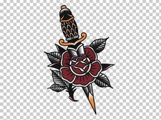 an old school tattoo style dagger and rose on a white background, hd png