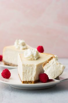 a slice of cheesecake on a plate with raspberries