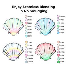 four different types of scallop shells with the words enjoy seamless blending and no smudgeing