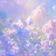 a painting of a butterfly flying over flowers