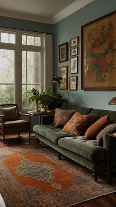 a living room filled with furniture and lots of pictures on the wall next to a large window