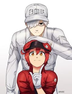 two anime characters one is wearing a baseball cap and the other has a red shirt