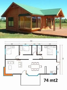 the floor plan for a small cabin with an attached kitchen and living room, is shown