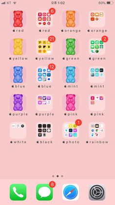 an iphone screen with different icons and buttons on the bottom right corner, including teddy bears