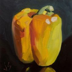 an oil painting of two yellow peppers on a black surface with one red pepper in the foreground