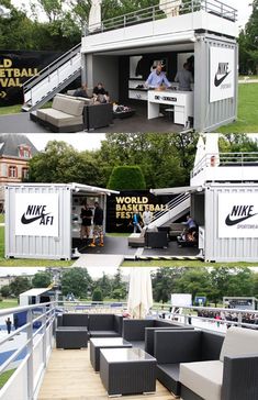 several pictures of people sitting in the back of shipping containers with nike logos on them