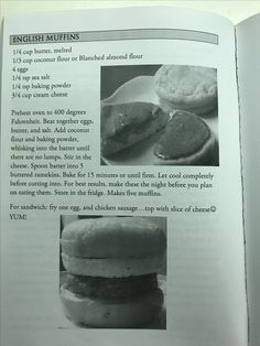 an open book showing instructions on how to make hamburgers with english muffins