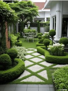 a very nice looking garden with grass and bushes