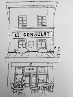 a black and white drawing of a building with the words le consuat on it