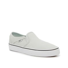 Vans-Asher Slip-On Sneaker - Women's Flaunt classic style with the women's Asher slip-on sneaker from Vans. These versatile kicks feature an easy lace-free silhouette and a sporty skater-inspired style. Complete in a fun hue that adds a pop of color to your collection. Classic Vans Slip-ons, Vans Low-top Slip-on Sneakers With Cushioned Footbed, Vans Low-top Slip-ons, Classic Skate Shoes With Round Toe For Spring, Vans Cushioned Slip-on Sneakers, Vans Cushioned Footbed Slip-on Sneakers, Vans Slip-on Canvas Shoes With White Sole, Vans Slip-on Sneakers With Cushioned Footbed, Vans Slip-on Canvas Shoes