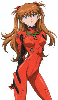 an anime character with long blonde hair and blue eyes, wearing red catsuits