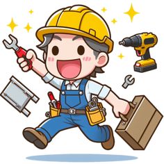 a cartoon worker running with tools in his hand