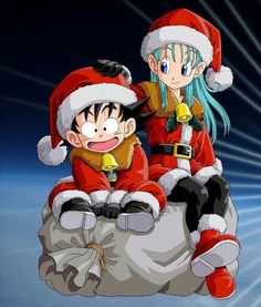 two anime characters sitting on top of a rock wearing santa hats and holding each other