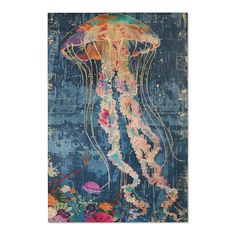 a painting with an octopus and jellyfish on it's back, against a blue background